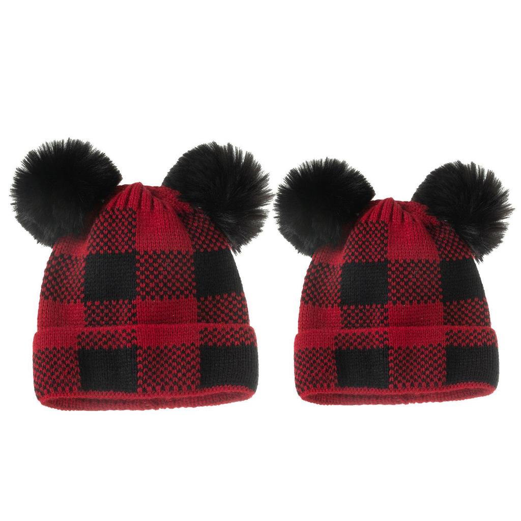 New spot autumn and winter hairball parent-child knitted hat, plaid mother baby Christmas warm hat