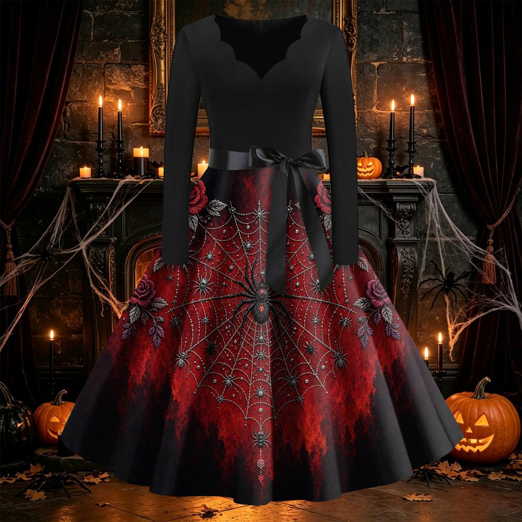 Women's Vintage Halloween Print Dress Long Sleeve V-Neck Flared Midi Dress for Party