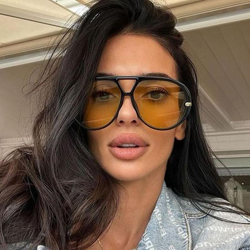 New Pilot Women Sunglasses Big Frame Double Bridge UV400 Vintage Ladies Black Orange Vacation Sun Glasses