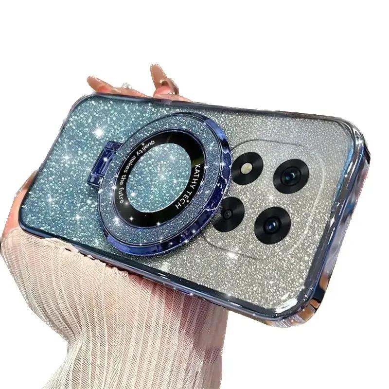 Luxury Plating For Redmi Note 14 Pro Plus 5G Magnetic Stand Holder Glitter Diamond Case For Redmi Note 14 4G/5G Silicone Cover