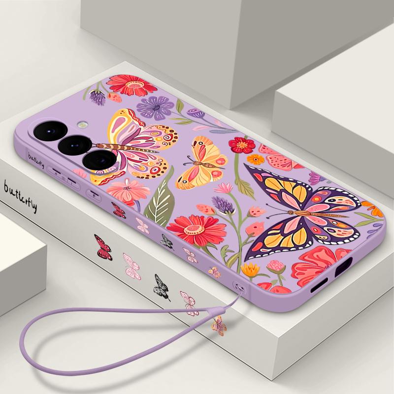 Butterfly Flower Phone Case For Samsung Galaxy A56 A17 A26 A16 A36 A55 A54 A53 A15 S24 S25 FE S25 S22 S23 Ultra Plus Lanyard Soft Cover