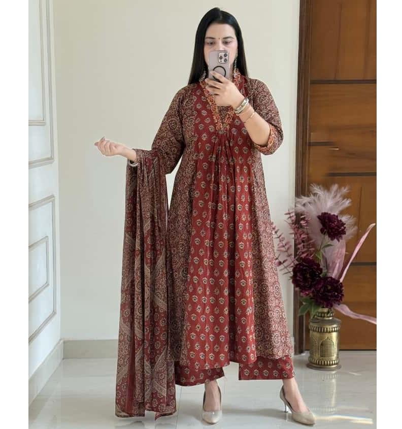 Anarkali Bavlna Tištěný Salwar Kameez Indický Bollywood Párty Oblečení Top Tunika Kurti Set