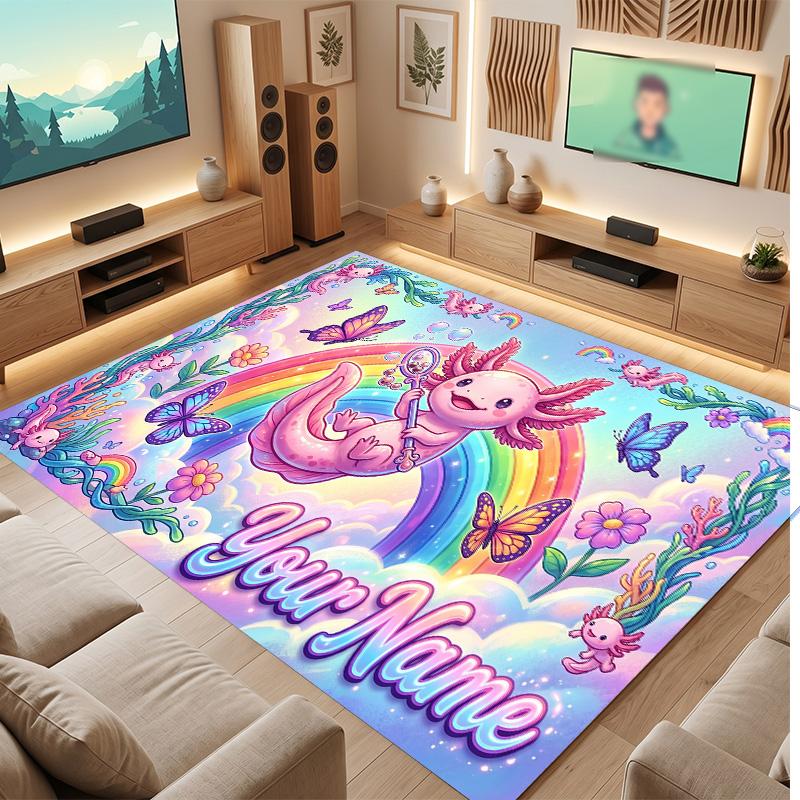 Axolotl Theme Soft Crystal Velvet Rug Custom Name & Text Print Non Slip Floor Rug for Bedroom Living Room