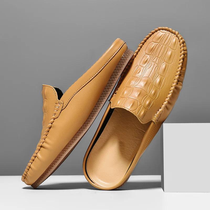 Fashion Half Shoes for Men Mules Luxury Designer Man Slides Slip on Flats Men Driving Shoes Leather Semi-Drag Loafers Slippers Hombres