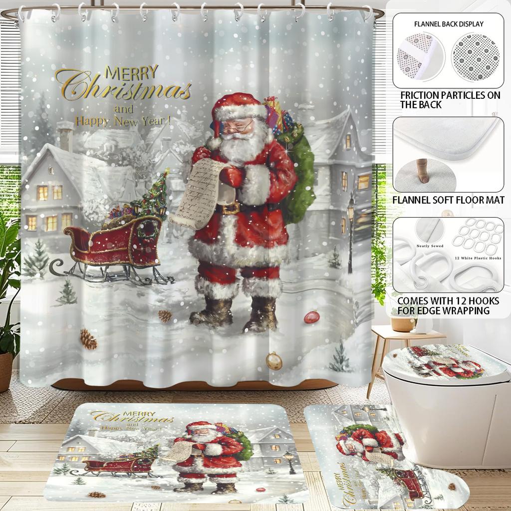 4pcs Merry Christmas Santa Claus Printed Bathroom Set 180x180 Waterproof Shower Curtain Floor Mat Toilet Mat U-shaped Mat