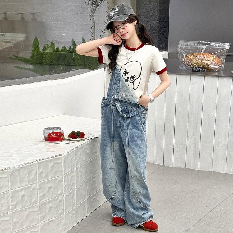 Trendsetting Girls  Denim Overall Set - Short Sleeve, Wide-Leg Pants, Korean Summer Fashion for Medium & Large Kids 130 cm