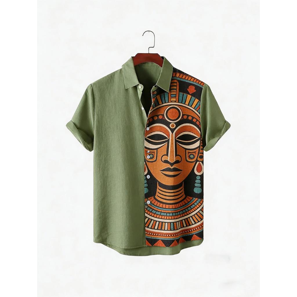 2026 Daily Men's Casual Short Sleeved Shirt with Natural Ethnic Pattern Printed Shirt Hawaii Beach Vacation Clothing