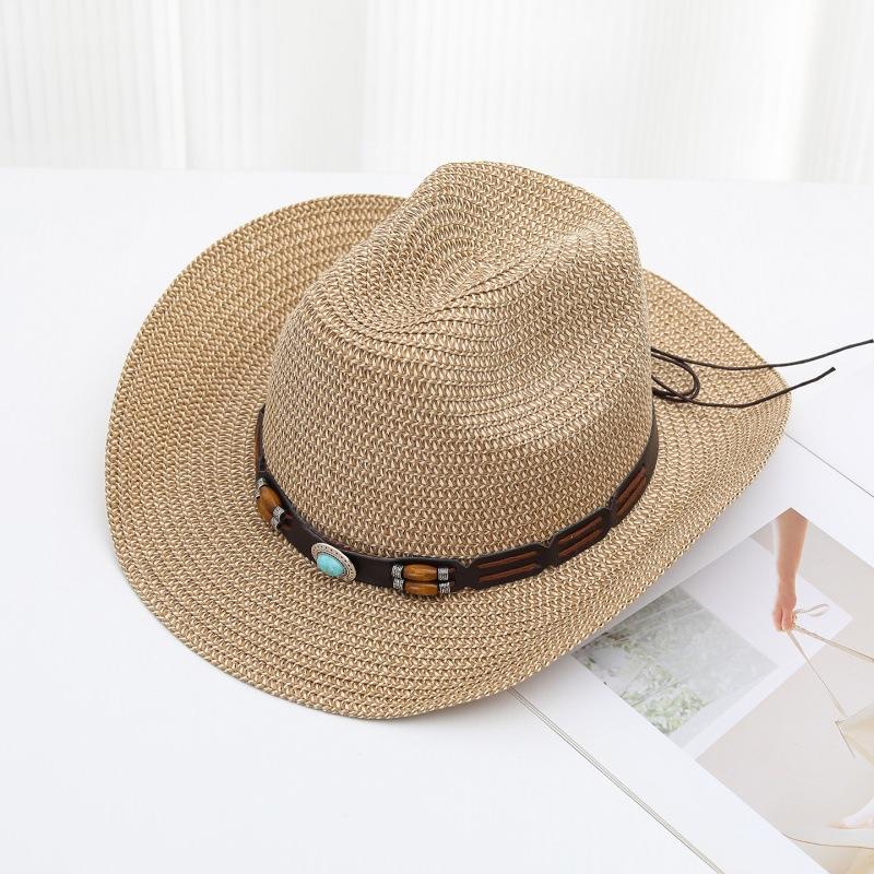 Straw Cowboy Hat with Turquoise Beaded Band Lightweight Breathable Western Sun Hat for Outdoor Beach Rodeo UPF Sun Protection