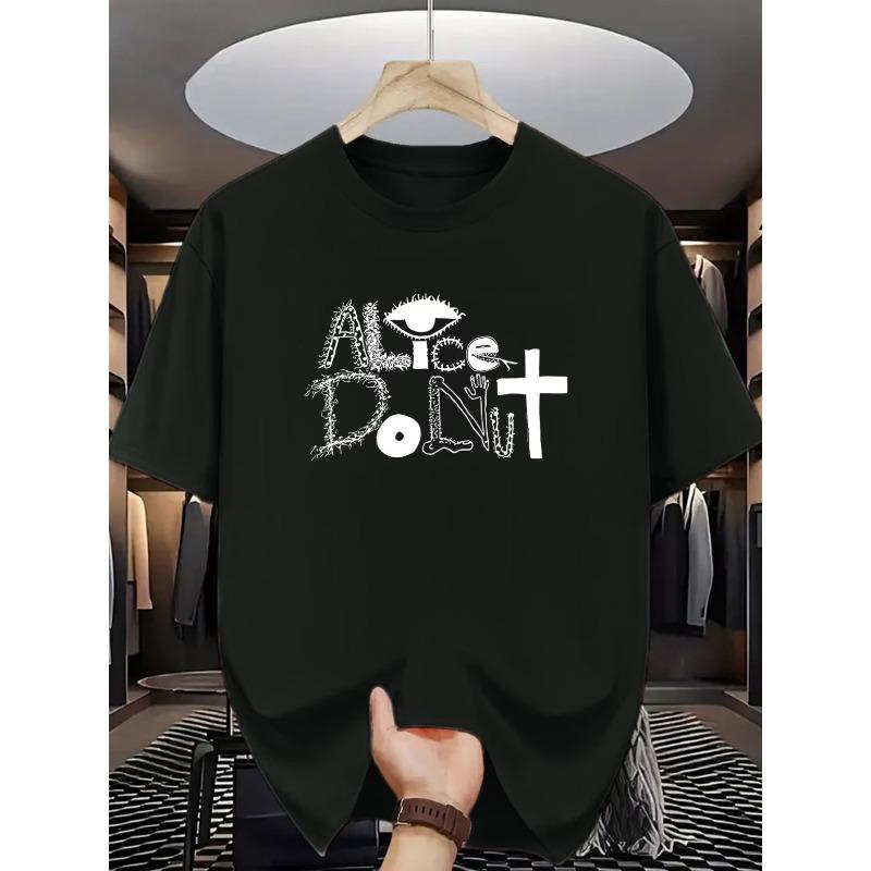 European Size Alice Donut Men'S Casual Pattern T-Shirt - Bold "Alice Donut" Print with Eyes & Cross Design, Crew Neck Short Sleeve Summer Top