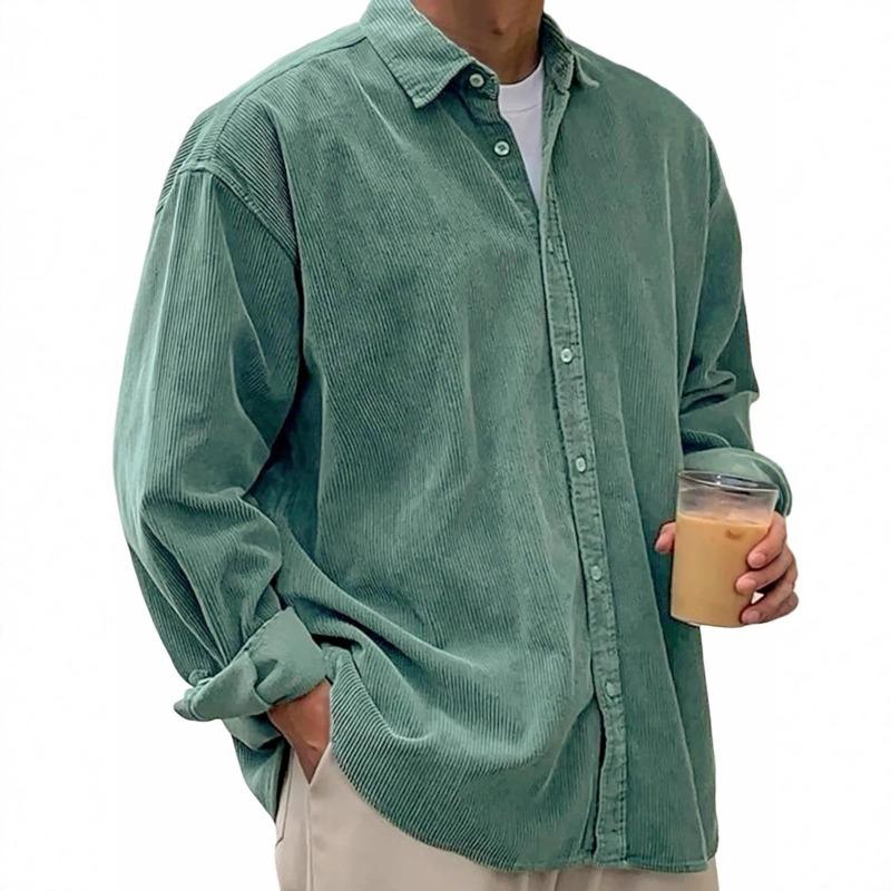 Men's Casual Loose-Fit Solid-Color Corduroy Collared Shirt