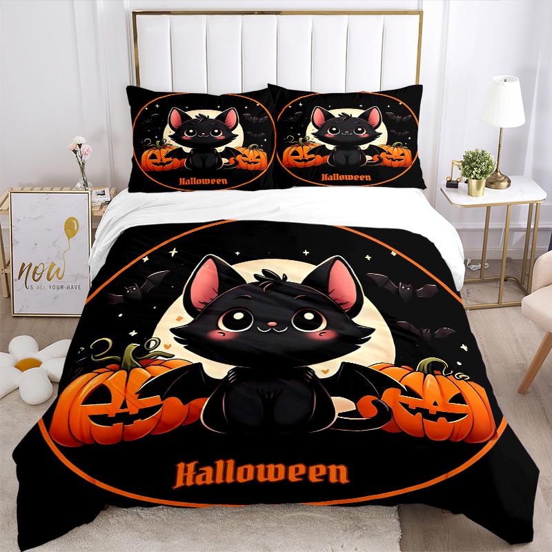 3pcs Halloween Adorable Cat Bedding Set - 1 Soft Quilt Cover + 2 Pillowcases, Machine Washable - Suitable