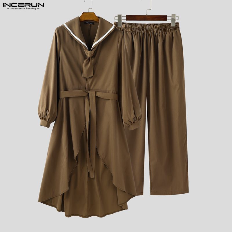 INCERUN Oversized Autumn Men Sailor Collar Long Sleeve Windbreaker Long Pants Casual Two Pieces Sets Outfits