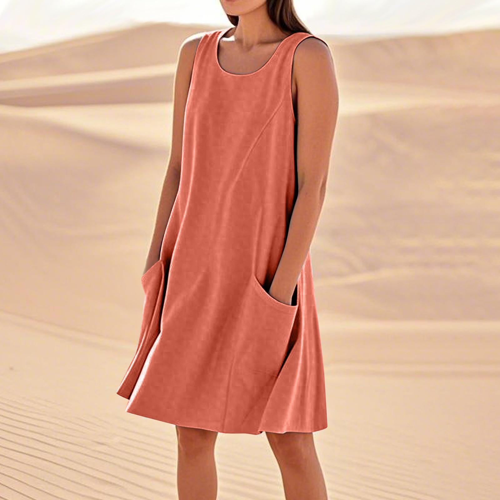 

Летние платья для женщин, свободные пляжные повседневные сарафаны без рукавов с карманами, платье-майка S киноварь