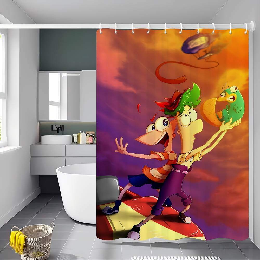 Klasický animovaný bílý sprchový závěs s Phineasem a Ferbem, dekorativní sprchový závěs do koupelny, vodotěsný sprchový závěs