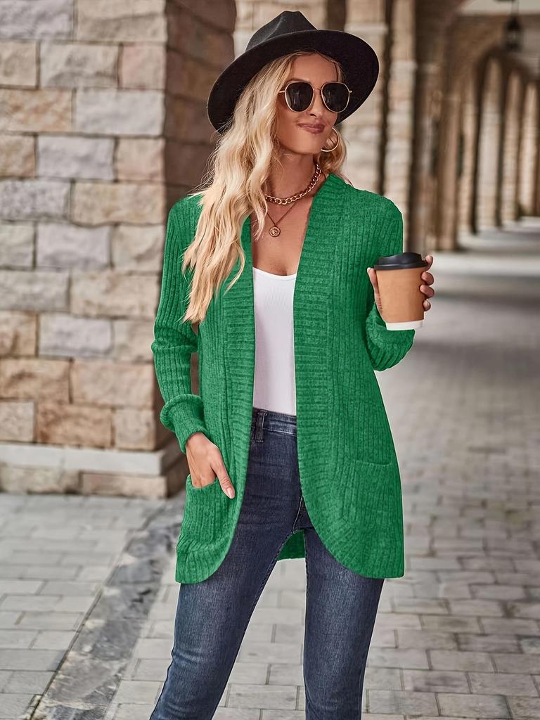Cardigan lavorato a maglia da donna taglie forti, tinta unita, a maniche lunghe