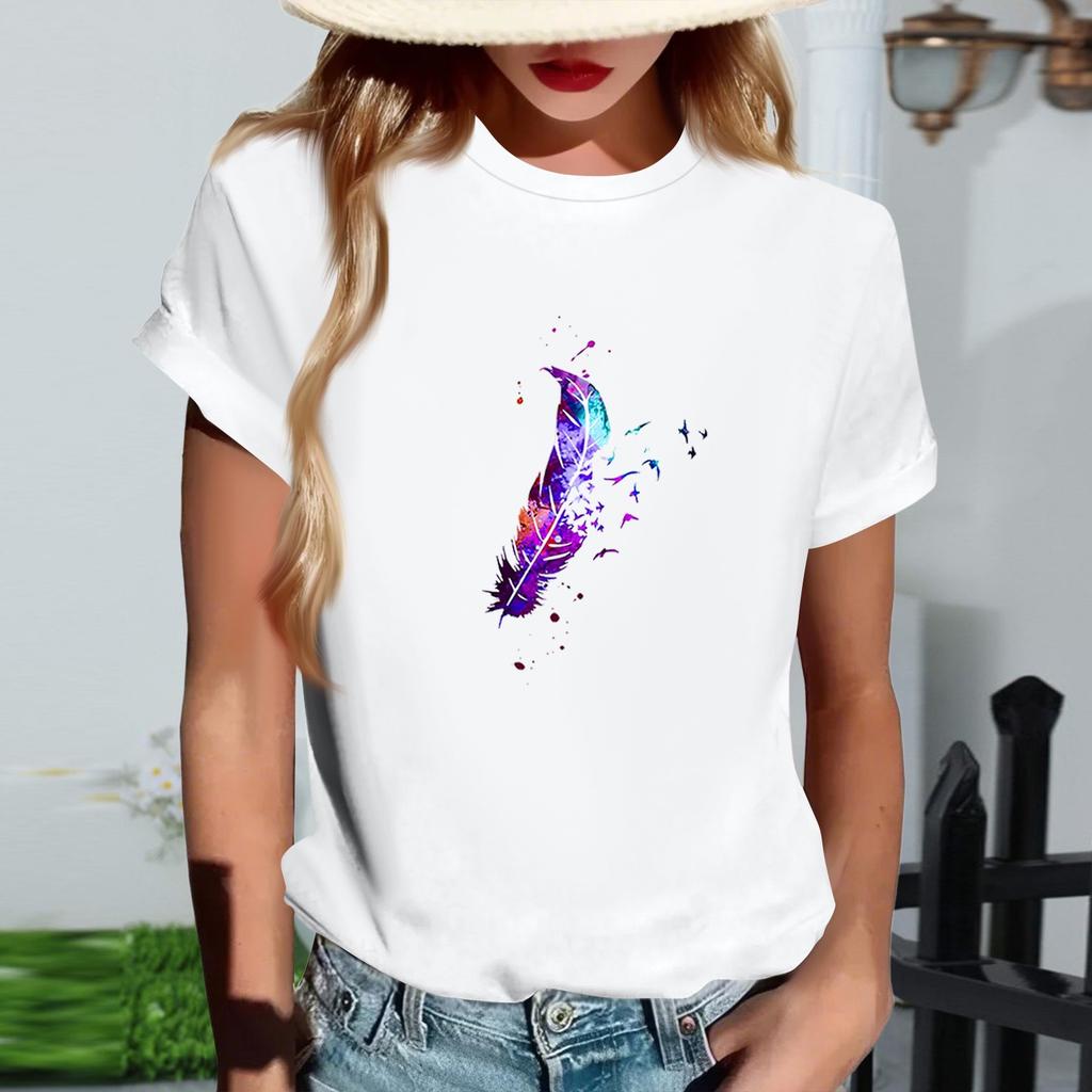 Kadın Modaya Uygun Yuvarlak Yaka Günlük Retro Baskılı Kısa Kollu Tişört Üst