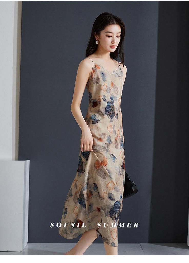 Fashionable Retro Printed Camisole Dress 2026 Summer Thin Style Versatile Mid Length Dress