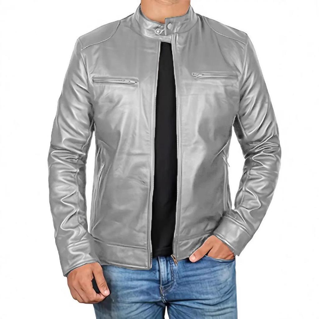 Herren Retro Slim Fit Stehkragen Motorradjacke mit Mehreren Taschen für Frühling/Sommer