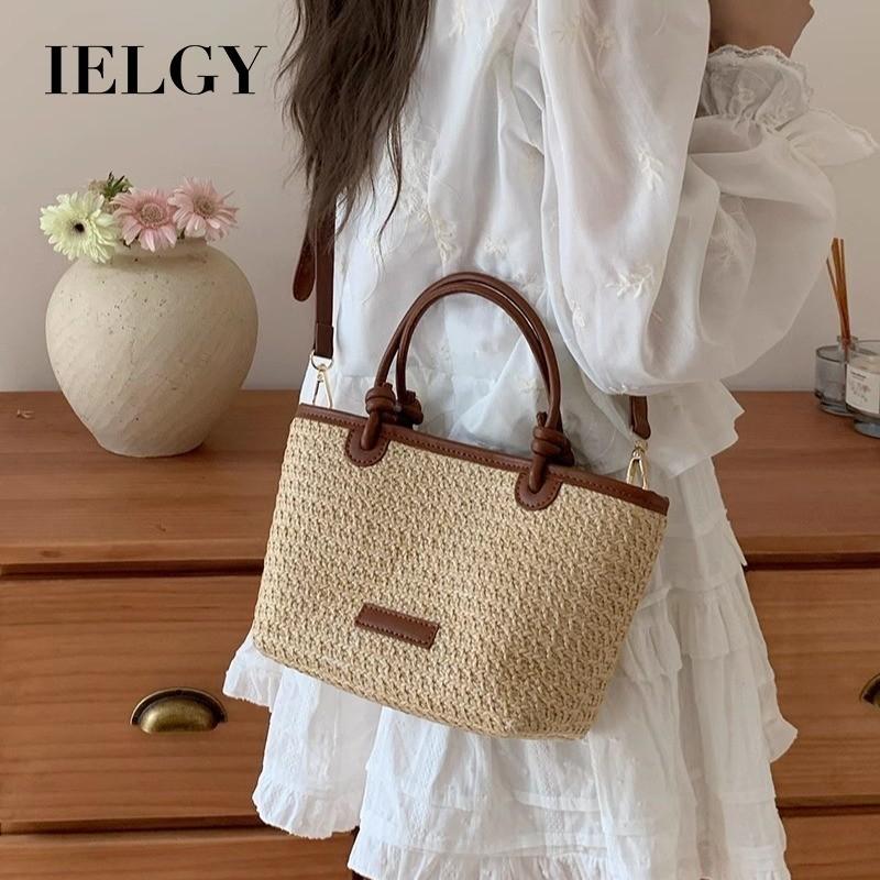 IELGY Beach Wind Hand-woven Small Bag, Shoulder Crossbody Vegetable Basket, Bucket Straw Bag