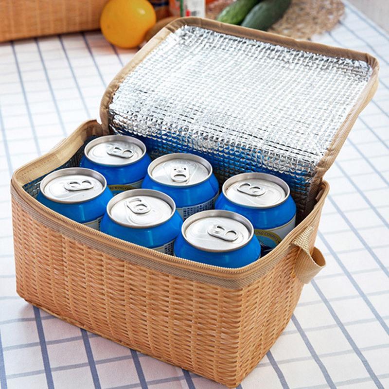 Portable Insulated Thermal Cooler Lunch Box Imitation Rattan Picnic Container