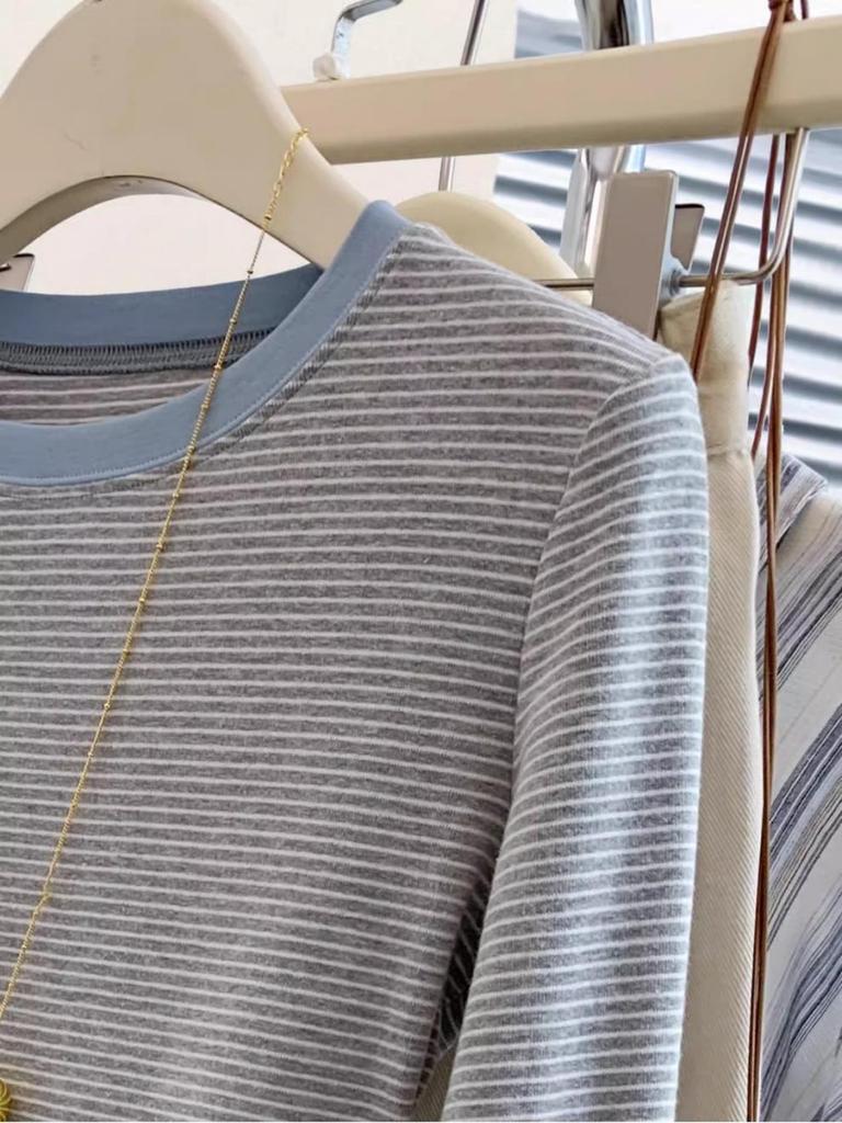 Striped Two-in-One Long-Sleeve Shoulder T-Shirt for Women, Spring/Fall 2024 Collection.