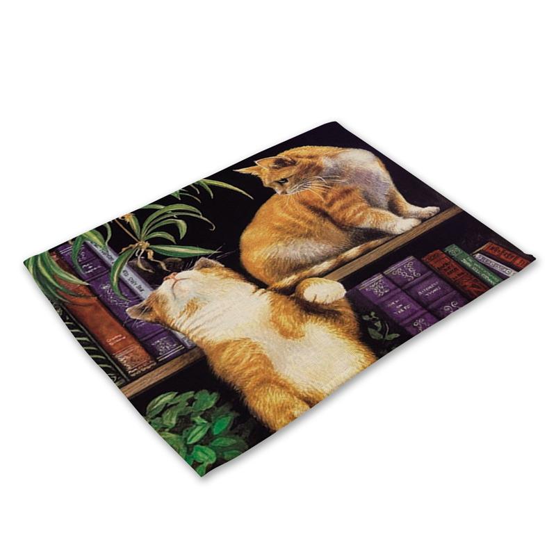 45X30cm Cute Cat Flower Pattern Placemat Dining Table Mats Cotton Linen Drink Coaster Western Pad Cup Mat For Home Decor Gifts
