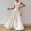 Women's Pleated Maxi Dress Sleeveless High Neck Fit and Flare Elegant Formal Dress