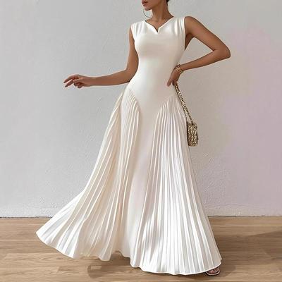 Women's Pleated Maxi Dress Sleeveless High Neck Fit and Flare Elegant Formal Dress