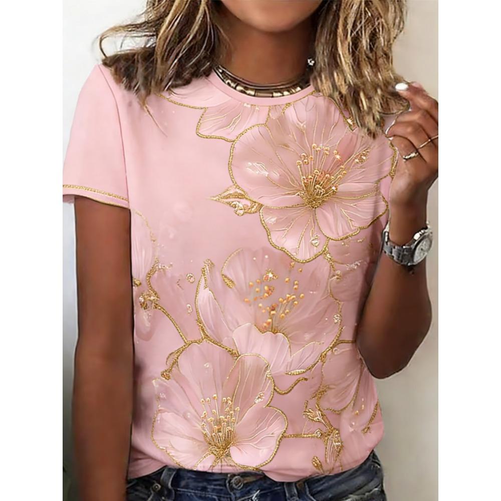 Ladies Summer Colorful Dazzling Flowers Printed Large Loose Casual T-shirt Fashionable Comfortable Soft Breathable Short Sleeved T-shirt