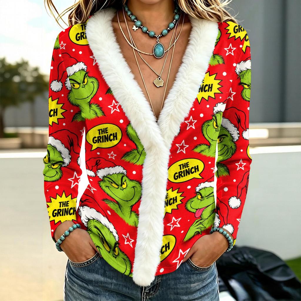 Women's Long Sleeve Christmas Print Top with Fuzzy Collar for Fall Winter Casual Wear