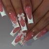 24Pcs Long Square Press On Nails Leopard Print French 3D Cherry Design False Nail Rhinestone Wearable Full Cover Fake Nails Tips