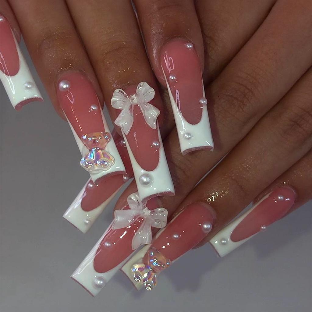 24Pcs Long Square Press On Nails Leopard Print French 3D Cherry Design False Nail Rhinestone Wearable Full Cover Fake Nails Tips