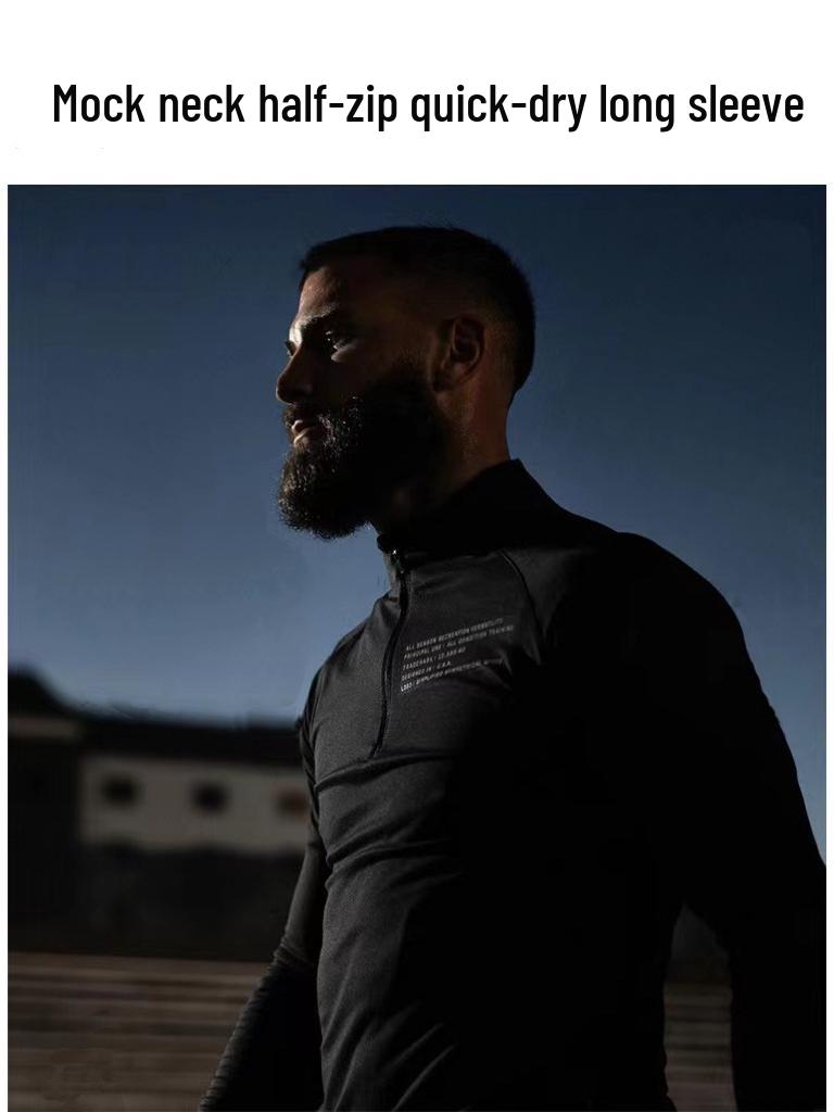 Pánské podzimní/zimní rychleschnoucí tričko s dlouhým rukávem, vysokým límcem a polovičním zipem, slim fit, na běhání