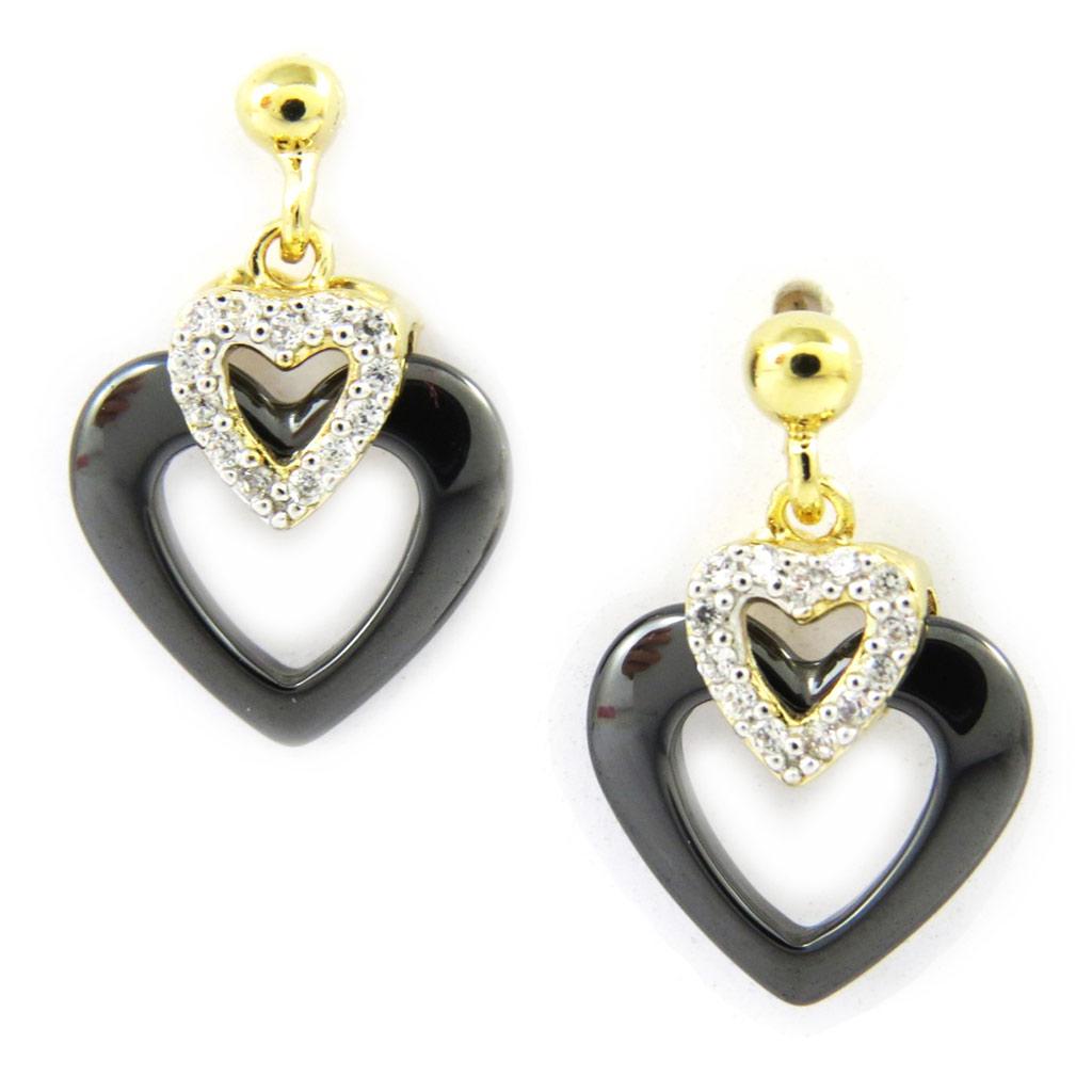 Les Trésors De Lily [L7887] - Gold Plated 'Love' Black Ceramic Gold Earrings - 12x12 Mm