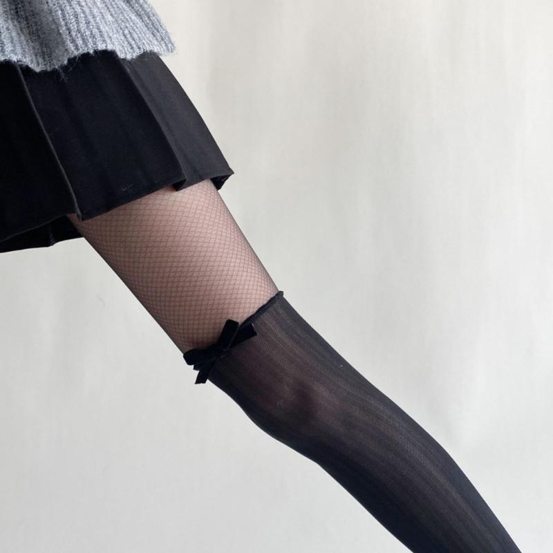 Women Contrast Sheer Mesh Splicing Pantyhose Fake Thigh High Stockings Elegant Ruffle Trim Bowknot Silk Tights Leggings