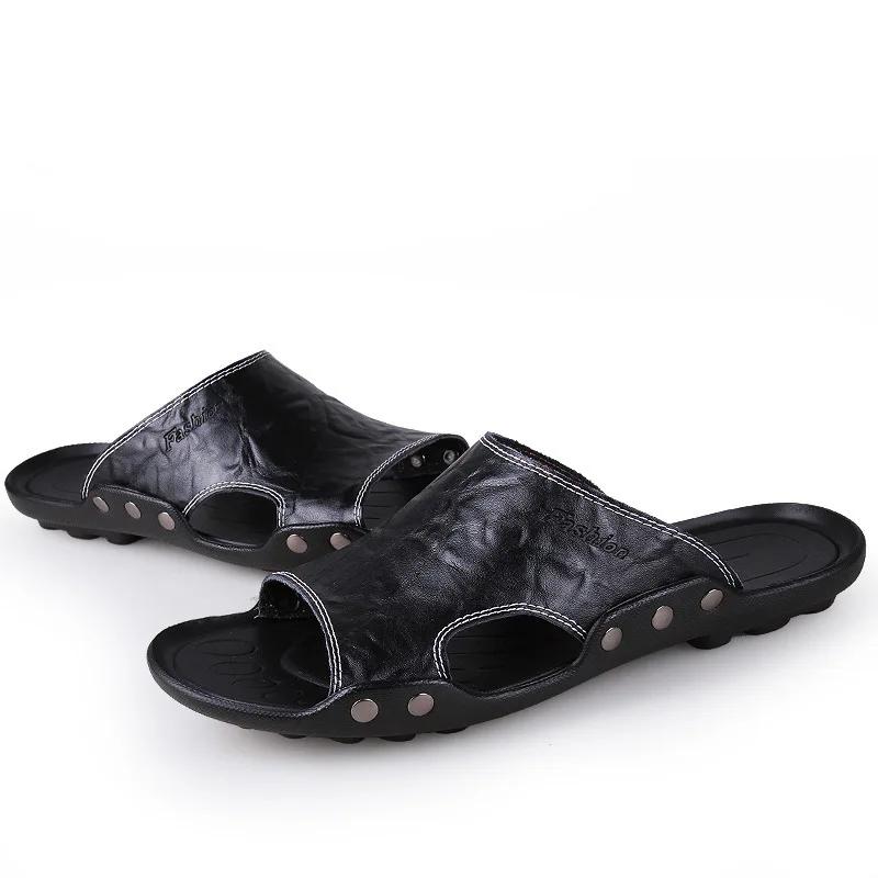Fashion Big Size Men Slippers Summer Fashion Genuine Leather Casual Slides Street Fashion Beach Shoes Black Cow Leather Sandals