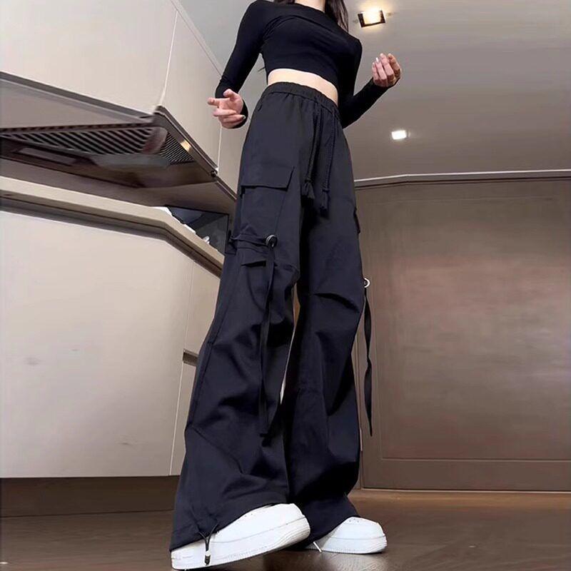 Black American Cargo Pants Female Plus Size Fat Sister mm High Waist Loose and Slimming Pear-Shaped Figure Casual Wide-Leg Pants Black XL
