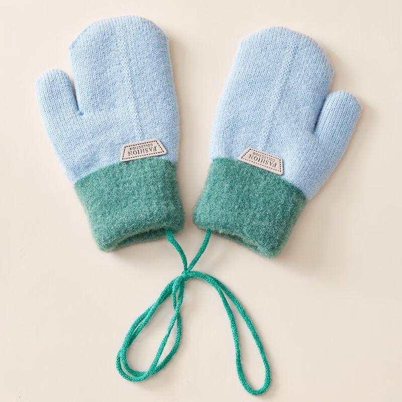 Children's Winter Warm Cashmere-Lined Knitted Mittens with Neck Strap