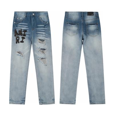 M44 Men's and Women's American Style Trendy Jeans with Fabric Patches, Holes, Embroidery, Casual and Fashionable High Street Pants