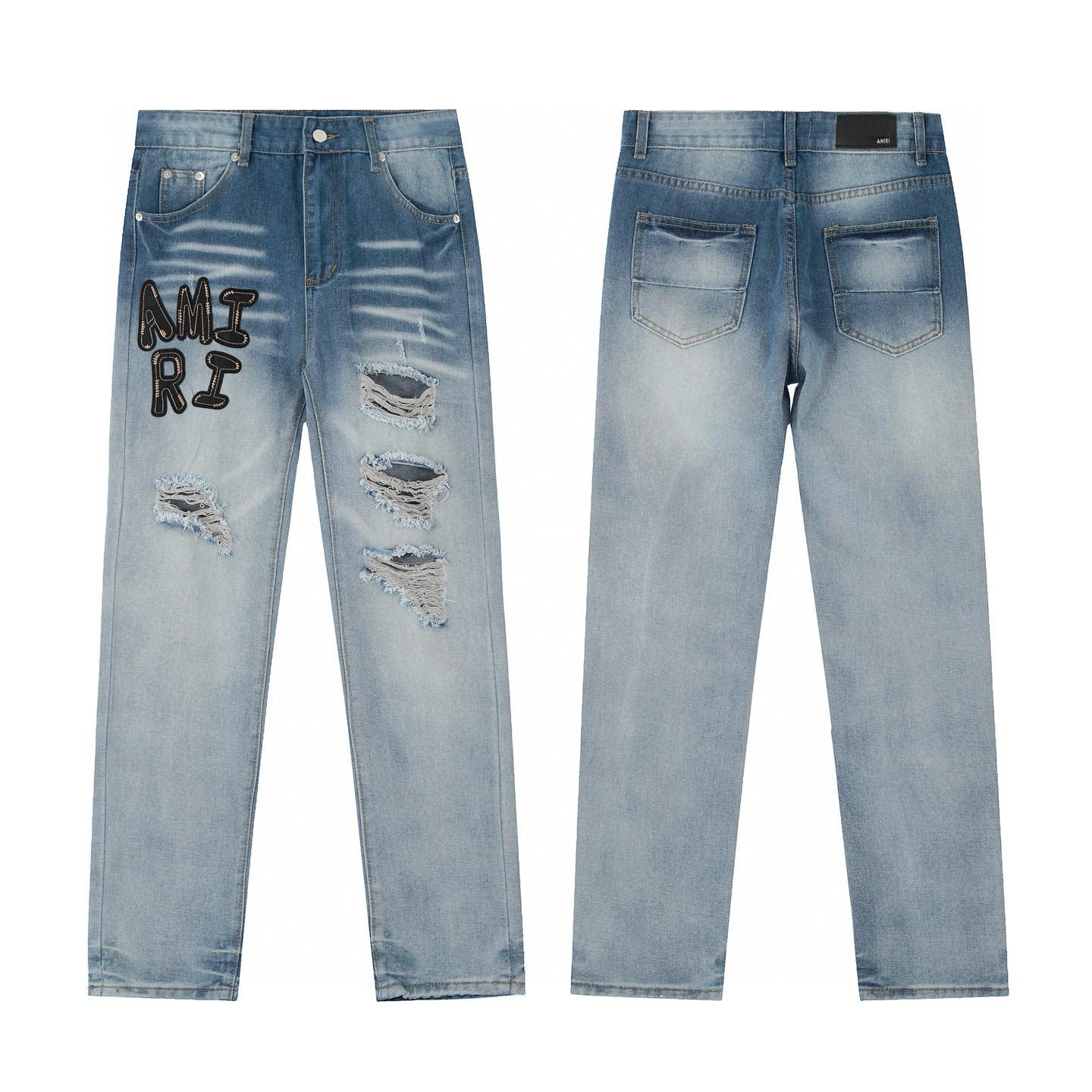 

M44 Amiri Men s and Women s American Style Trendy Jeans with Fabric Patches, Holes, Embroidery, Casual and Fashionable High Street Pants 36