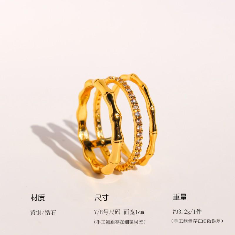 Womens Fashion Stackable Wide Band Bamboo Joint Ring With Zirconia Inlay Gold Plated Copper