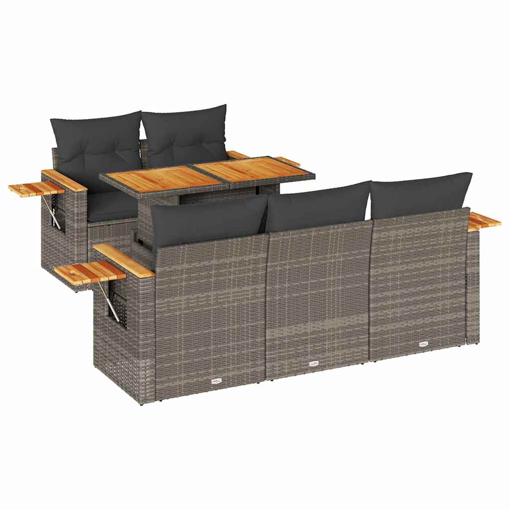 6 Piece Garden Sofa Set with Cushions Grey Poly Rattan & Acacia