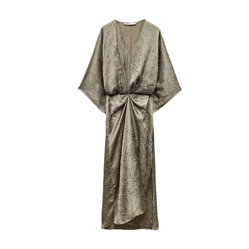 Spring New Arrival Women's Clothing Western Style Waist-Slimming Slimming V-Neckline Long Sleeves Ruched Effect Midi Skirt Dress 8227214