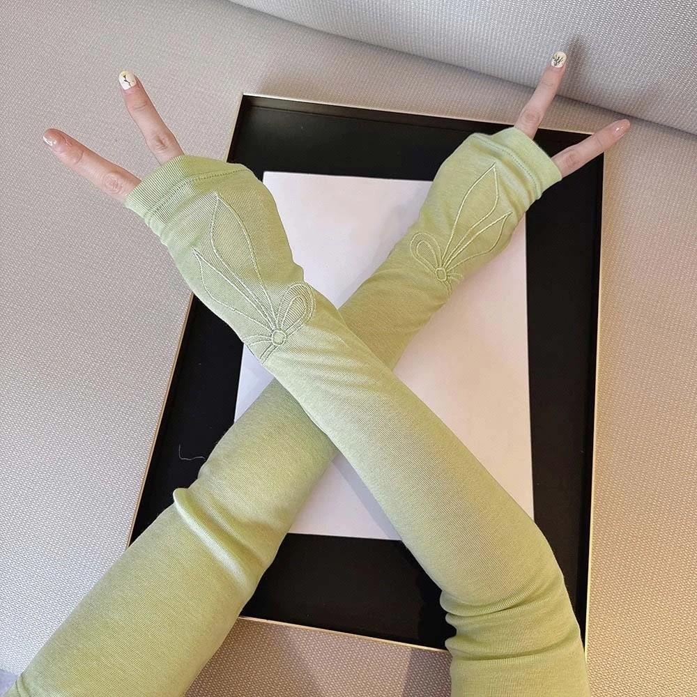 Korean Style Breathable Long Arm Sleeves Embroidered Arm Sunscreen Covers Bow Ice Sleeves Outdoor зелёный