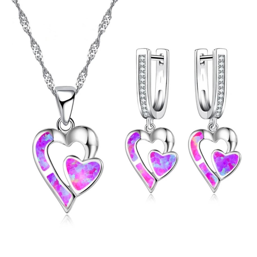 Romantic Double Heart Imitation Blue Fire Opal Pendant Necklace Earrings For Women Wedding Band Jewelry Accessories Set