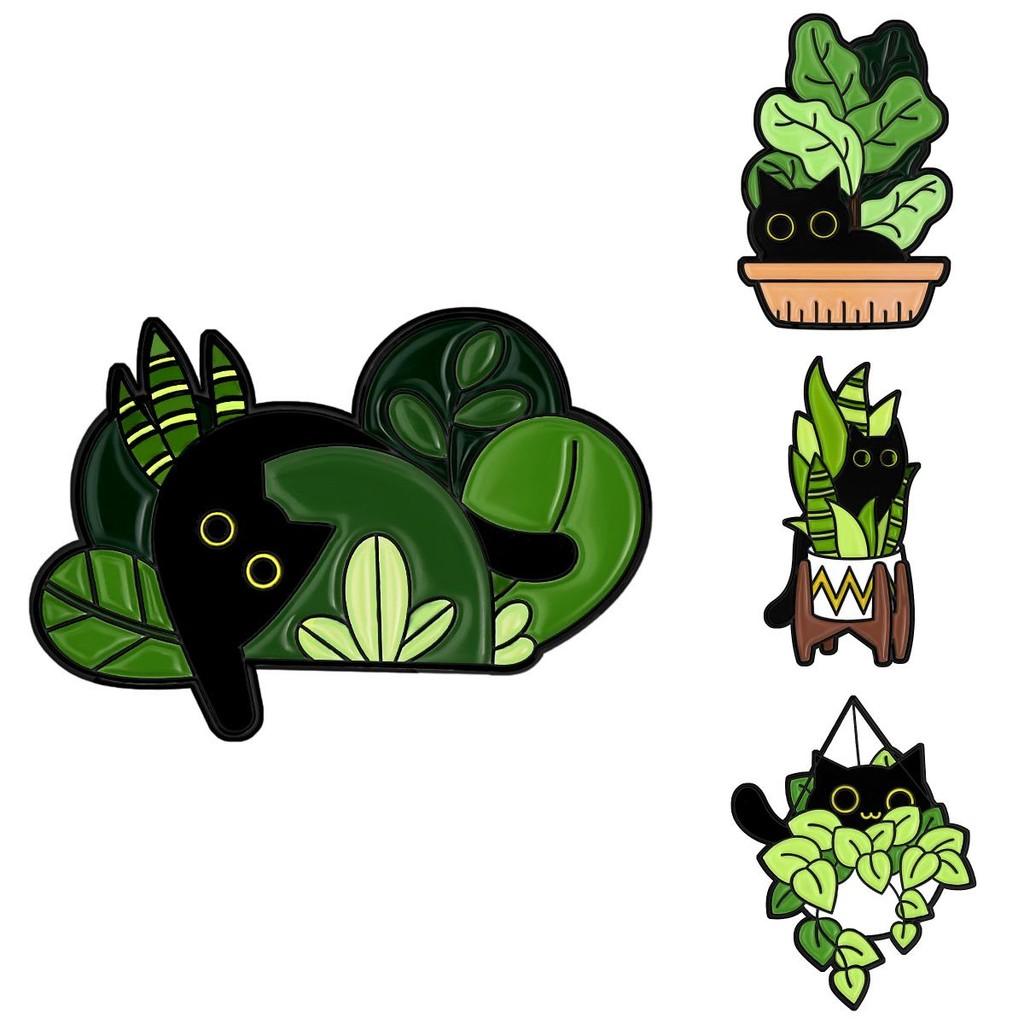 Black Cute Cat Brooch Set With Delightful Floral And Plant Motifs Perfect For Fall Fashion