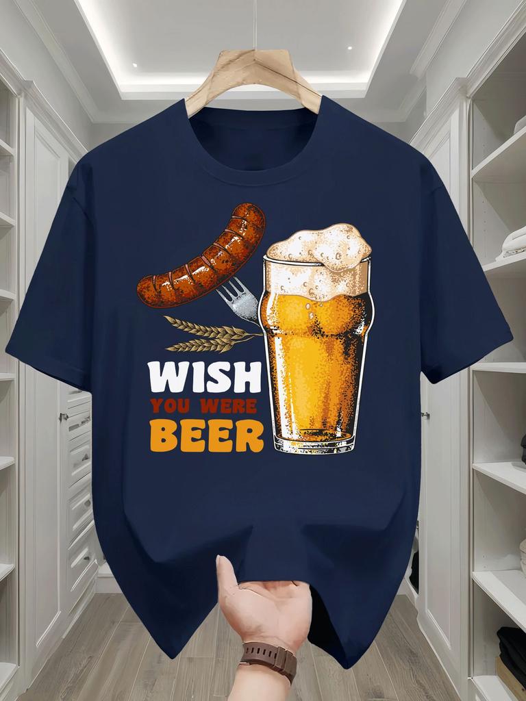 Unisex White Crew Neck Cotton T Shirt Wish You Were Beer Sausage Wheat Graphic Funny Drinking Party Short Sleeve Casual Daily Tops