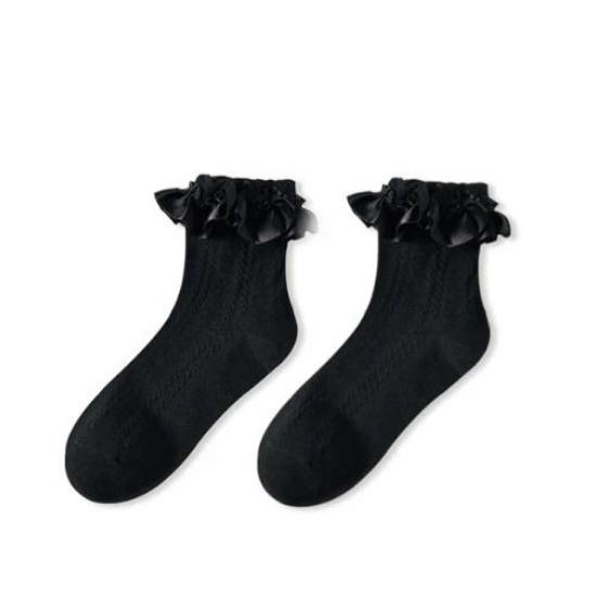 Sweet Lolita Lace Bow Middle Tube Socks Girls Black White JK Korean JK Soft Cotton Breathable Sock Casual Kawaii Female