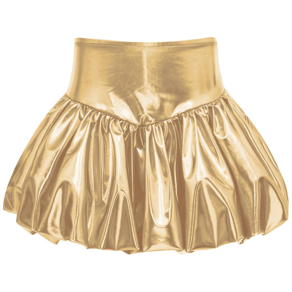 Girls Metallic Bubble Skirt Elastic Waistband Shiny Bud Skirt Sparkly Performance Costume