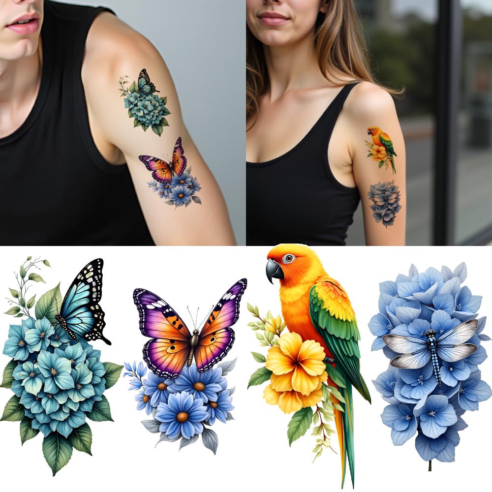 9pcs Temporary Tattoo Flower Tattoo Colorful Frog Tattoo Butterfly Tattoo For Male Arms Back